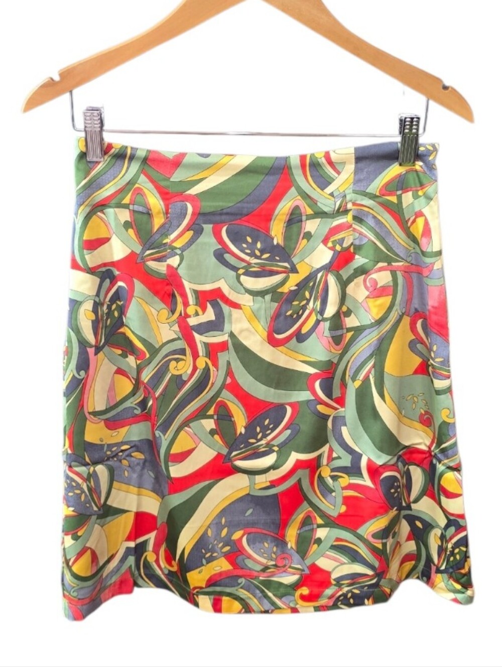 Ambition Olive Green Yellow Retro Abstract Print Satin Skirt M